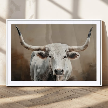 63550-MGV-CV-36X24-Texas Longhorn Wall Art Canvas Print, Framed White Bull Art Picture Print, Horned Cattle Perfect Rustic Western Decor Artwork