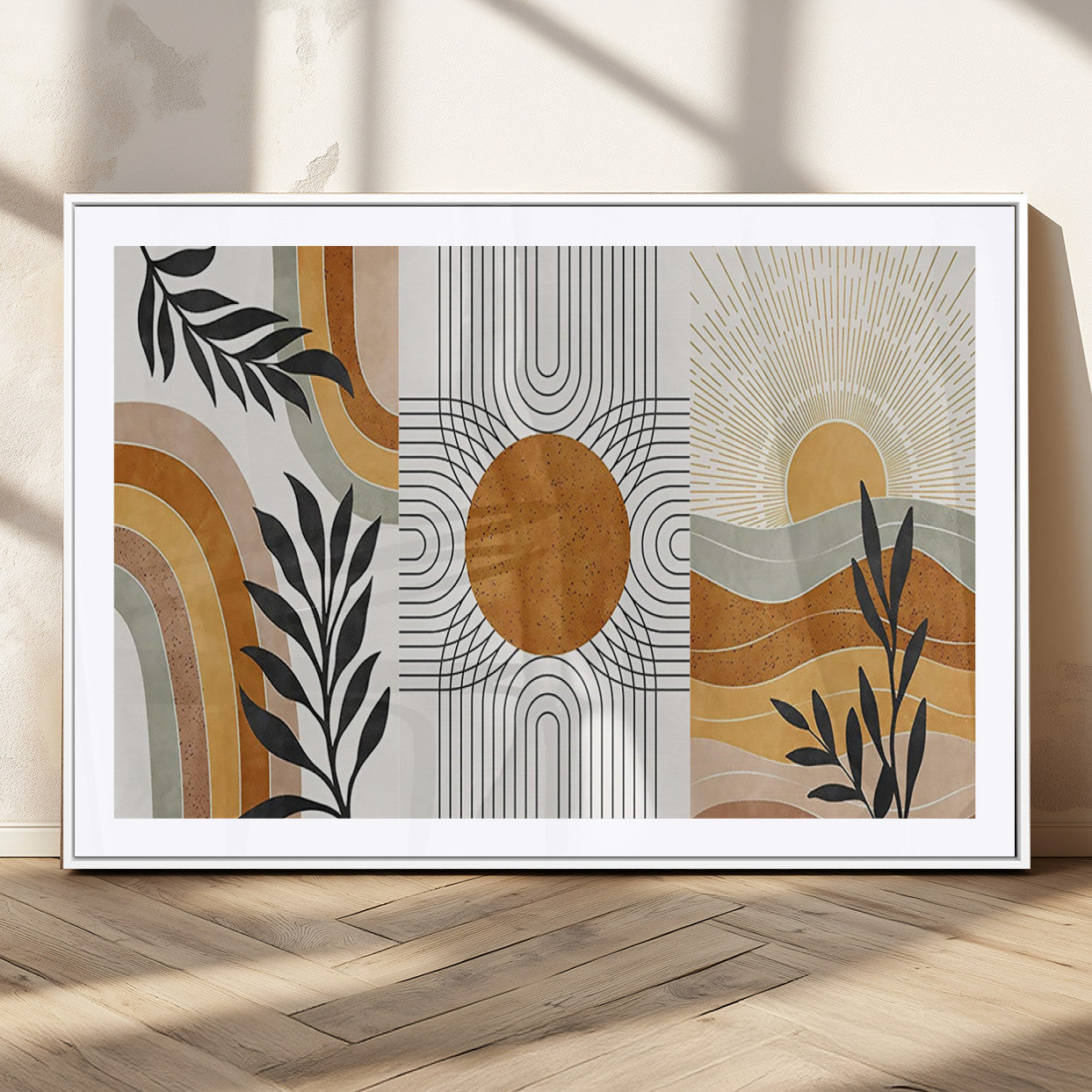 32359-MGV-CV-36X24-Modern Sun Wall Art Canvas Print, Framed Retro Horizon Art Picture Print, Sunburst Design Perfect Mid Century Boho Decor Artwork