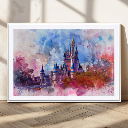 15129-MGC-FP-36x24_White-Disney Castle Wall Art Canvas Print, Framed Cinderella Palace Art Picture Print, Fantasy Kingdom Perfect Whimsical Fairytale Decor