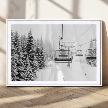 49274-MGC-FP-36x24_White-Snowy Forest Wall Art Canvas Print, Framed Ski Lift Art Picture Print, Mountain Snow Perfect Minimal Winter Lodge Decor Artwork