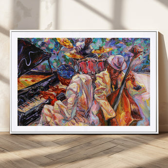 13675-MGV-CV-36X24-Jazz Band Wall Art Canvas Print, Framed Jazz Oil Painting Art Picture Print, Vibrant Music Perfect Abstract Musical Decor Artwork