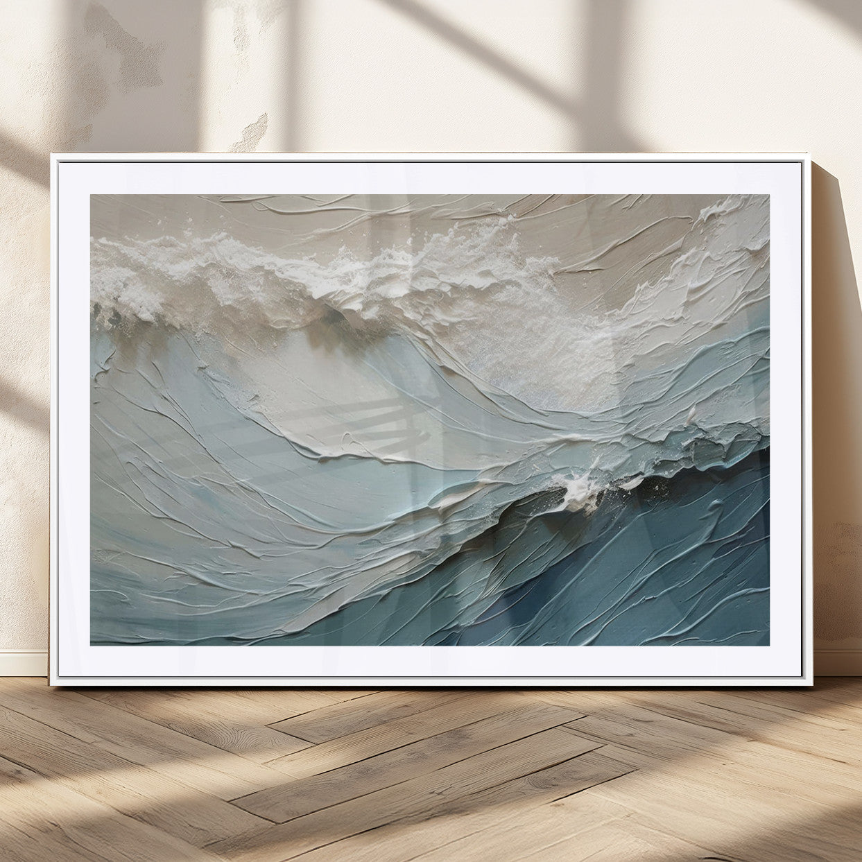 53646-MGC-FP-36x24_White-Ocean Wave Wall Art Canvas Print, Framed Textured Seascape Art Picture Print, Modern Ocean Perfect Minimal Coastal 2/2 Decor