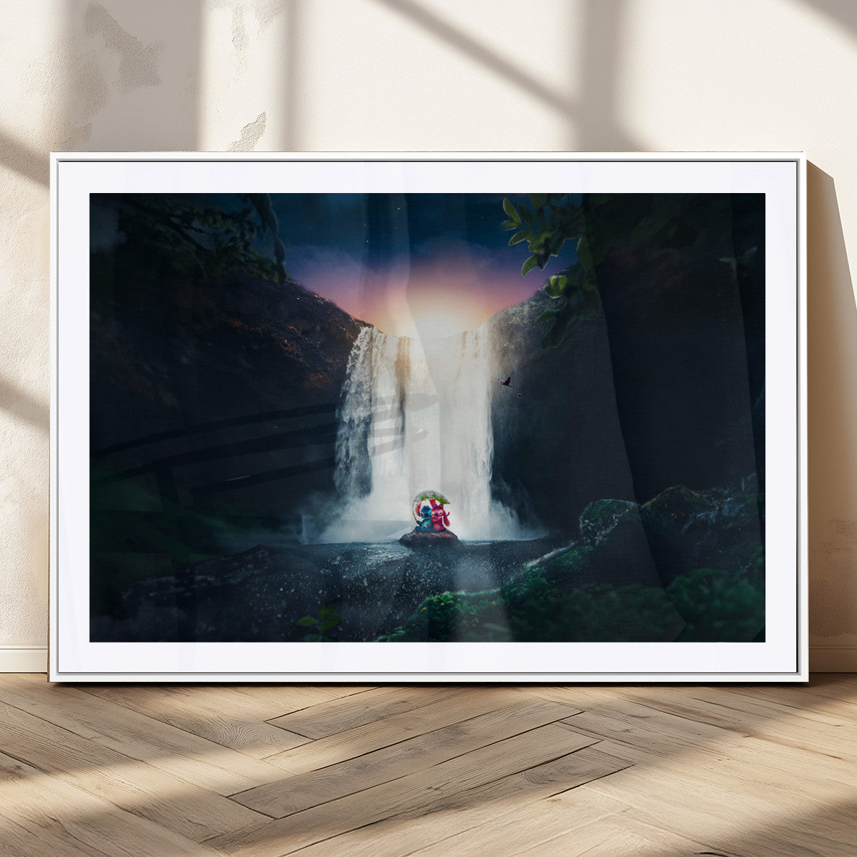 56359-MGV-CV-36X24-Lilo Stitch Wall Art Canvas Print, Framed Stitch Angel Art Picture Print, Cartoon Waterfall Perfect Tropical Fantasy Decor Artwork