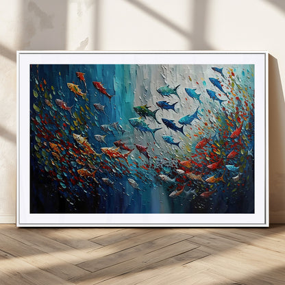 89626-MGC-FP-36x24_White-Fish Swarm Wall Art Canvas Print, Framed Abstract Ocean Art Picture Print, Underwater Life Perfect Vibrant Coastal Decor Artwork