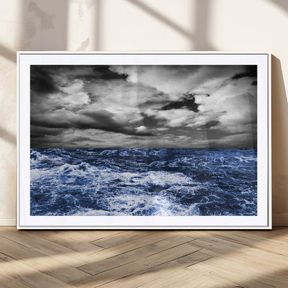91043-MGC-FP-36x24_White-Stormy Ocean Wall Art Canvas Print, Framed Moody Seascape Art Picture Print, Monochrome Sea Perfect Coastal Drama Decor Artwork