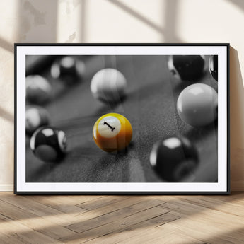 52108-MGC-FP-36x24_Black-Precision Pool Table Wall Art – Close Up Yellow 1 Ball Canvas Print, Hand-Played Billiards Game Decor for Office, Game Room, or