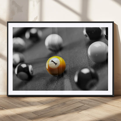 52108-MGC-FP-36x24_Black-Precision Pool Table Wall Art – Close Up Yellow 1 Ball Canvas Print, Hand-Played Billiards Game Decor for Office, Game Room, or