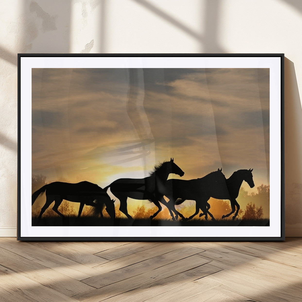 16620-MGC-FP-36x24_Black-Sunset Stallions Wall Art – Silhouetted Horses Running Canvas Print, Nature’s Rhythm, Perfect for Living Room, Office, or Man Cave