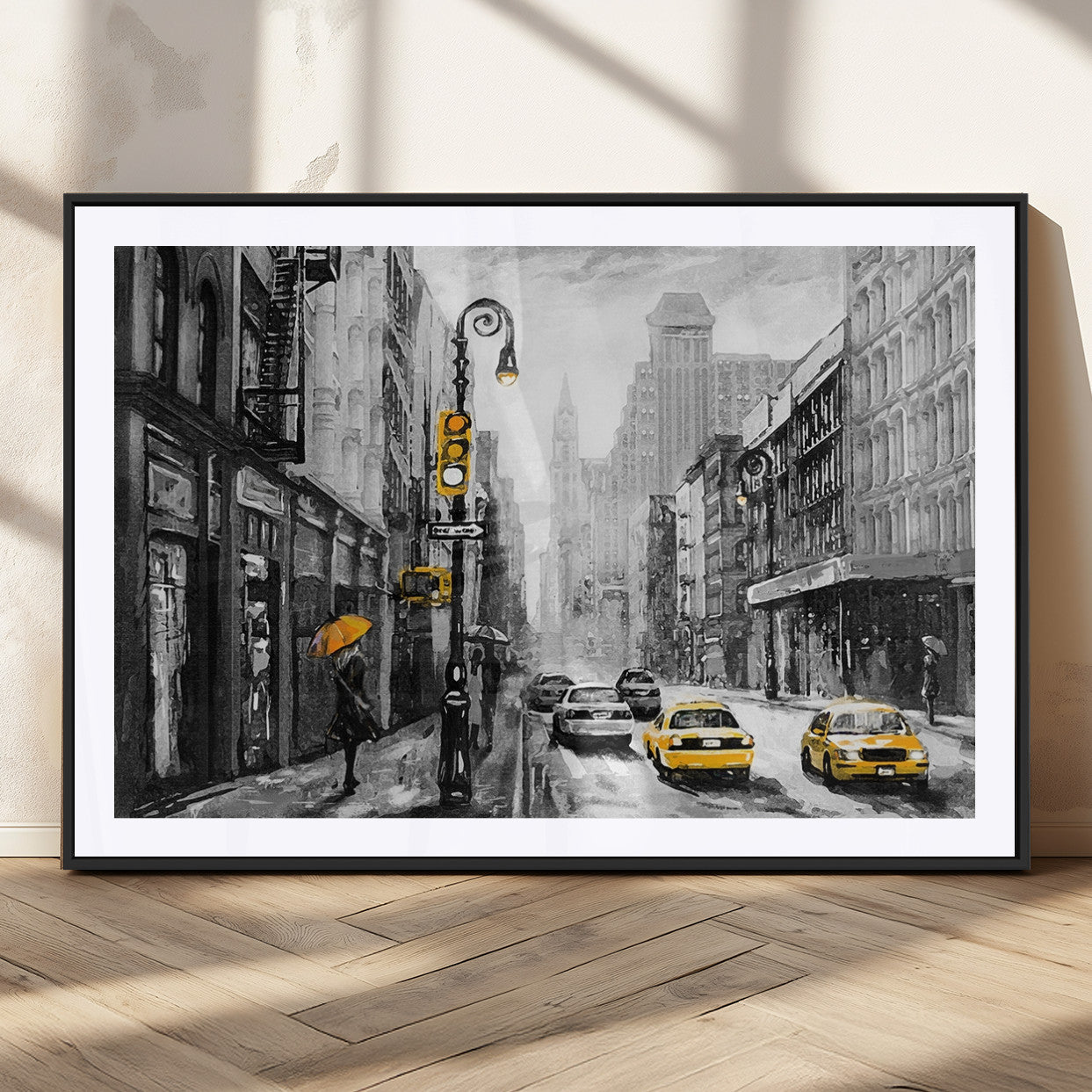 32362-MGC-FP-36x24_Black-NYC Street Wall Art – Black and White Cityscape with Yellow Taxis and Umbrella Canvas Print, Urban Home Decor for Living Room or