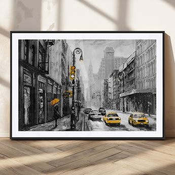 32362-MGC-FP-36x24_Black-NYC Street Wall Art – Black and White Cityscape with Yellow Taxis and Umbrella Canvas Print, Urban Home Decor for Living Room or