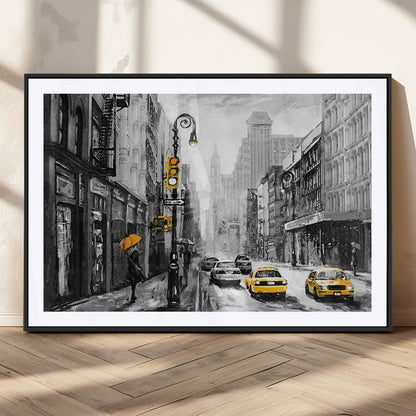 32362-MGC-FP-36x24_Black-NYC Street Wall Art – Black and White Cityscape with Yellow Taxis and Umbrella Canvas Print, Urban Home Decor for Living Room or