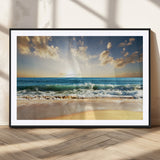 13139-MGC-FP-36x24_Black-Sunrise Beach Wall Art – Ocean Waves and Golden Sand Canvas Print, Coastal Home Decor for Living Room, Bedroom, or Office