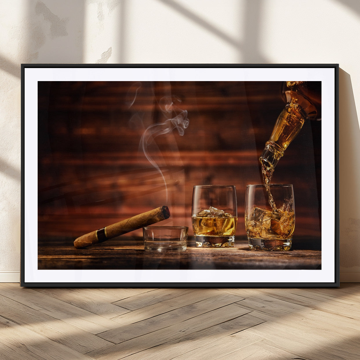 91042-MGC-FP-36x24_Black-Whiskey & Cigar Wall Art – Elegant Whiskey Pour and Smoldering Cigar Canvas Print, Sophisticated Bar or Lounge Decor for Home,