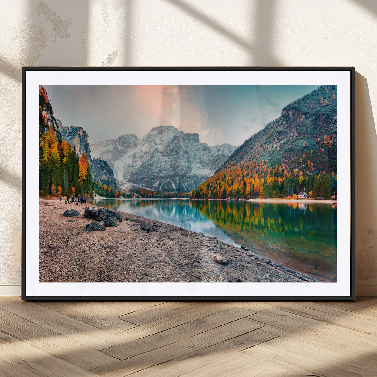 25982-MGC-FP-36x24_Black-Autumn Mountain Lake Wall Art – Panoramic Fall Foliage and Snowy Peaks Canvas Print, Scenic Nature Decor for Living Room or Office