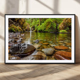98096-MGC-FP-36x24_Black-Serene River Waterfall Nature Photo – Calm Clear Water, Vibrant Green Forest and Smooth Stones Landscape Wall Art for Home or