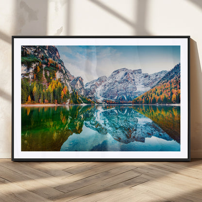 10402-MGC-FP-36x24_Black-Snowy Mountain Lake Wall Art – Autumn Landscape Canvas Print with Reflection, Nature Decor for Living Room, Office, Bedroom or