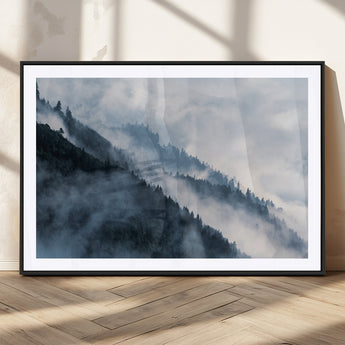 85737-MGV-CV-36X24-Misty Mountain Wall Art – Atmospheric Pine Forest Canvas Print with Fog and Mist, Calm Nature Decor for Living Room, Bedroom,