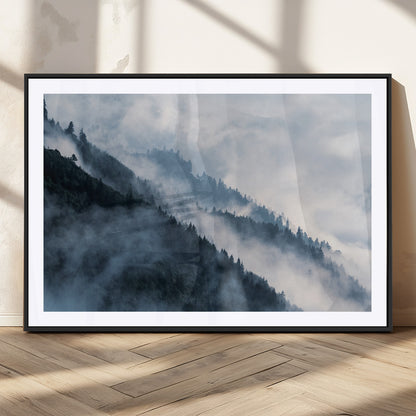 85737-MGV-CV-36X24-Misty Mountain Wall Art – Atmospheric Pine Forest Canvas Print with Fog and Mist, Calm Nature Decor for Living Room, Bedroom,