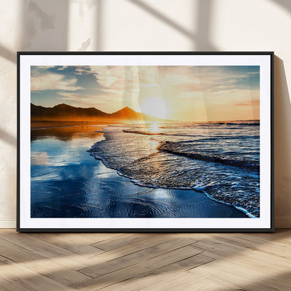 86173-MGC-FP-36x24_Black-Golden Sunset Beach Wall Art – Reflective Ocean Canvas Print with Mountains and Waves, Coastal Nature Decor for Living Room,