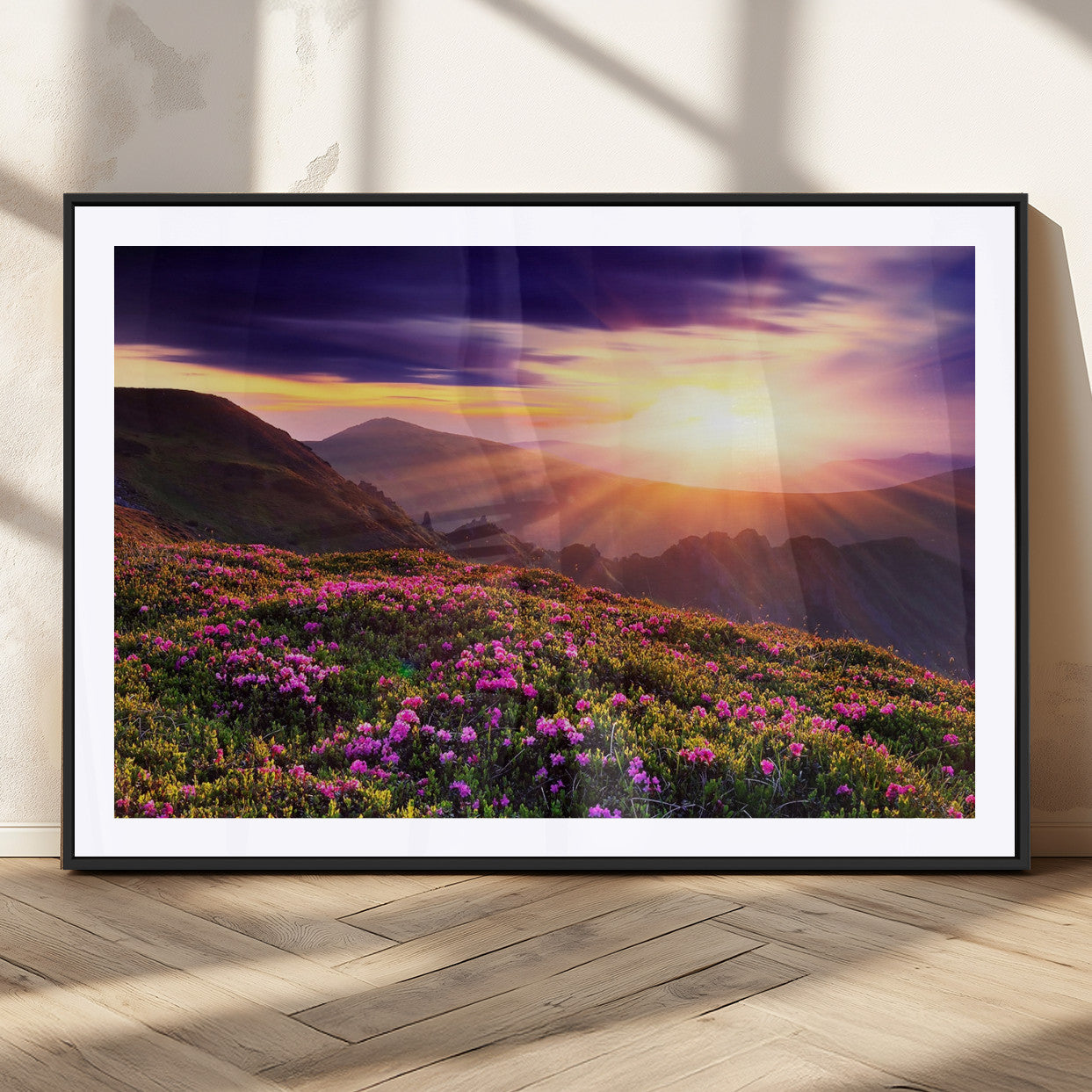 49741-MGC-FP-36x24_Black-Mountain Sunrise Wall Art – Vibrant Floral Landscape Canvas Print, Nature Home Decor for Living Room, Bedroom Office or Cabin