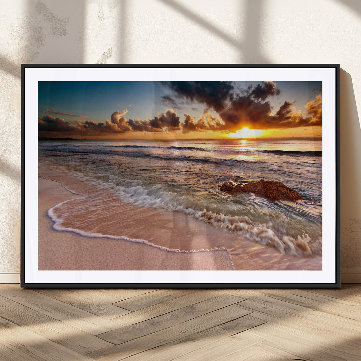 38302-MGC-FP-36x24_Black-Sunset Beach Wall Art – Stunning Ocean Waves and Rock Canvas Print, Warm Coastal Decor for Living Room, Bedroom, Office or Beach