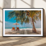 69754-MGV-CV-36X24-Tropical Beach Wall Art – Relaxing Palm Tree and Lounge Chairs Canvas Print, Serene Coastal Decor for Living Room, Bedroom, Office