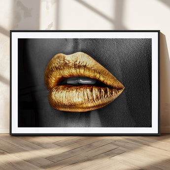 84747-MGC-FP-36x24_Black-Golden Lips Black & White Portrait – Glamorous Metallic Lip Art Print, Modern Wall Decor for Bedroom, Beauty & Fashion Lover Gift