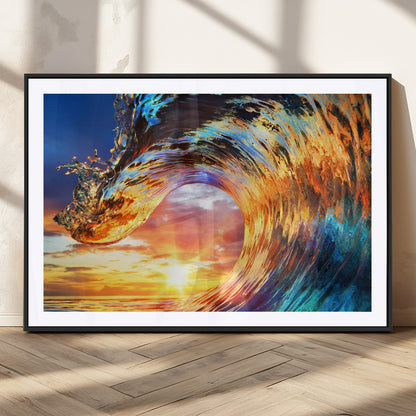 52890-MGV-CV-36X24-Surfing Wave Wall Art Canvas Print, Framed Sunset Ocean Art Picture Print, Ocean Wave Perfect Nautical Decor Artwork