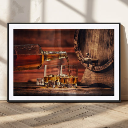 21266-MGC-FP-36x24_Black-Pouring Whiskey into Glasses with Ice – Rustic Wooden Barrel Background, Warm Ambient Lighting, Ideal Decor for Home or Office