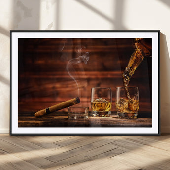 41139-MGC-FP-36x24_Black-Whiskey and Cigar Still Life – Glasses with Ice and Pouring Amber Drink on Wooden Table with Smoke, Elegant Bar or Lounge Wall