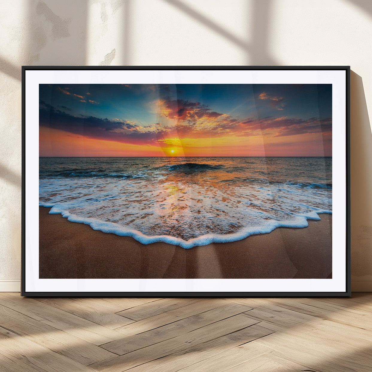 87032-MGC-FP-36x24_Black-Ocean Sunset Wall Art – Stunning Beach Canvas Print with Vibrant Sky, Calm Waves, and Golden Horizon, Perfect Coastal Decor for