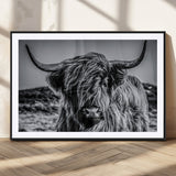 97372-MGC-FP-36x24_Black-Elegant Highland Cow Wall Art – Black and White Canvas Print, Rustic Nature Decor for Home, Office, Living Room or Man Cave