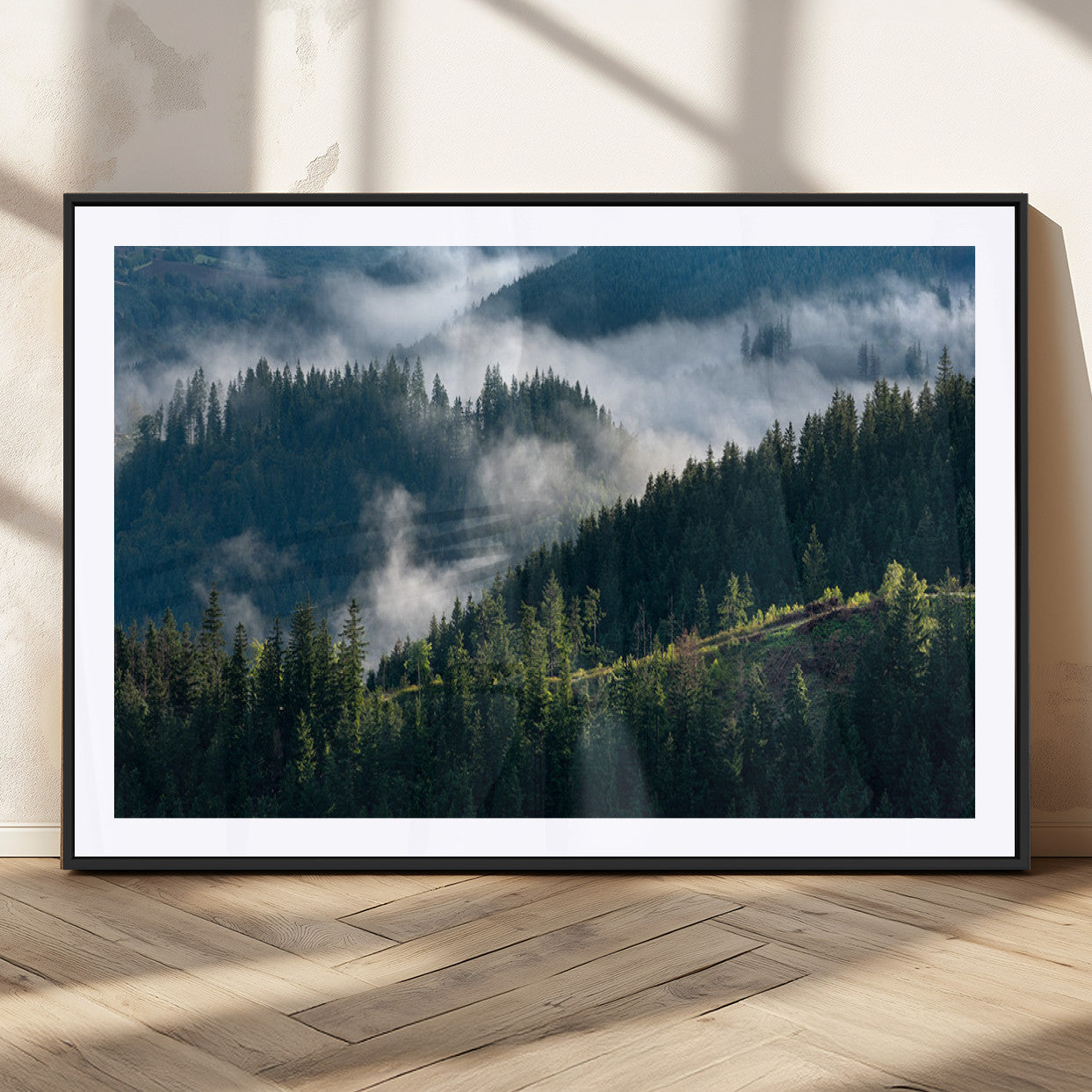 55972-MGC-FP-36x24_Black-Whispering Pines Wall Art – Panoramic Misty Forest Canvas Print, Serene Nature Decor for Home, Office or Cabin Retreat