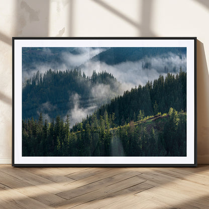 55972-MGC-FP-36x24_Black-Whispering Pines Wall Art – Panoramic Misty Forest Canvas Print, Serene Nature Decor for Home, Office or Cabin Retreat