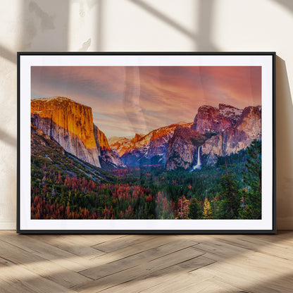 24519-MGC-FP-36x24_Black-Yosemite Valley Sunset Wall Art – Majestic Mountain Landscape with Waterfall and Vibrant Sky, Nature Photography for Home or
