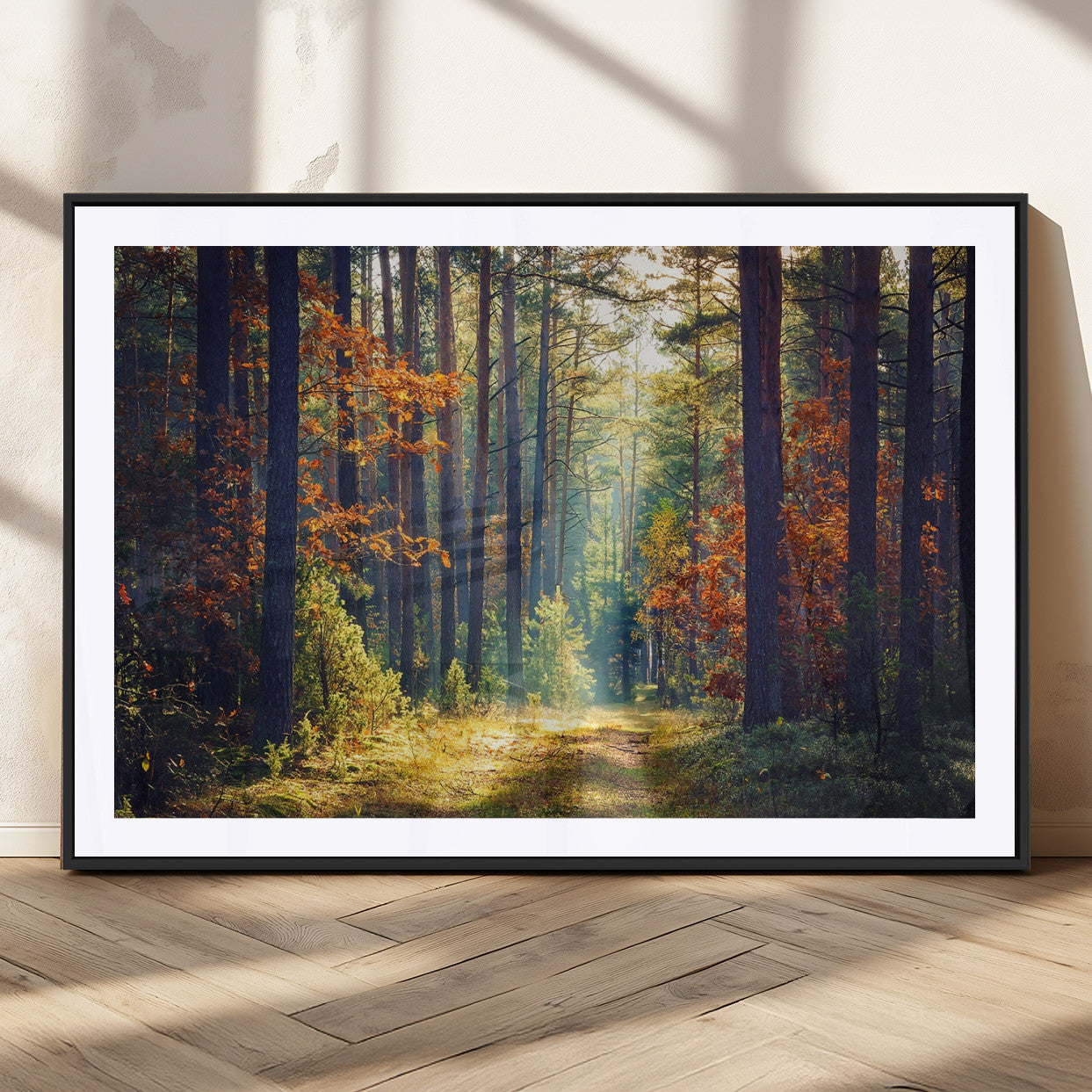 86249-MGC-FP-36x24_Black-Sunlit Autumn Forest Path Wall Art – Peaceful Nature Scene with Fall Foliage, Calming Woods Decor for Home or Office