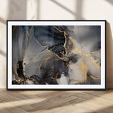 24068-MGC-FP-36x24_Black-Luxury Abstract Wall Art – Gold & Gray Fluid Ink Painting Canvas, Modern Metallic Home Decor, Elegant Office or Living Room Accent