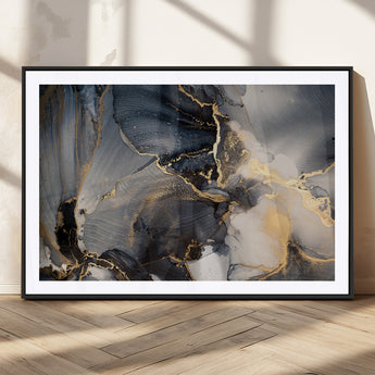 24068-MGC-FP-36x24_Black-Luxury Abstract Wall Art – Gold & Gray Fluid Ink Painting Canvas, Modern Metallic Home Decor, Elegant Office or Living Room Accent
