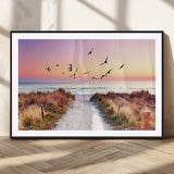 54411-MGV-CV-36X24-Beach Path with Birds Wall Art – Coastal Sunset Ocean Canvas Print, Seaside Nature Landscape Photography for Living Room, Bedroom