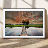 29105-MGV-CV-36X24-Rustic Wooden Bridge Wall Art – Scenic Sunset Over Rice Fields and Reflective Water Canvas Print, Nature Landscape Decor for