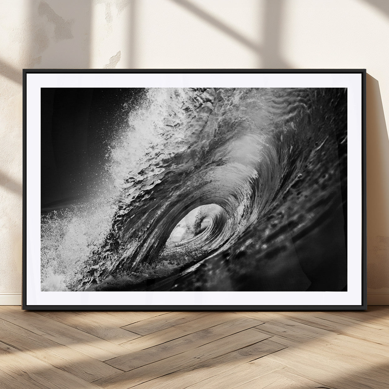 22702-MGV-CV-36X24-Black and White Ocean Wave Wall Art – Powerful Surf Curl Photography Canvas Print, Modern Coastal Decor for Living Room, Office or