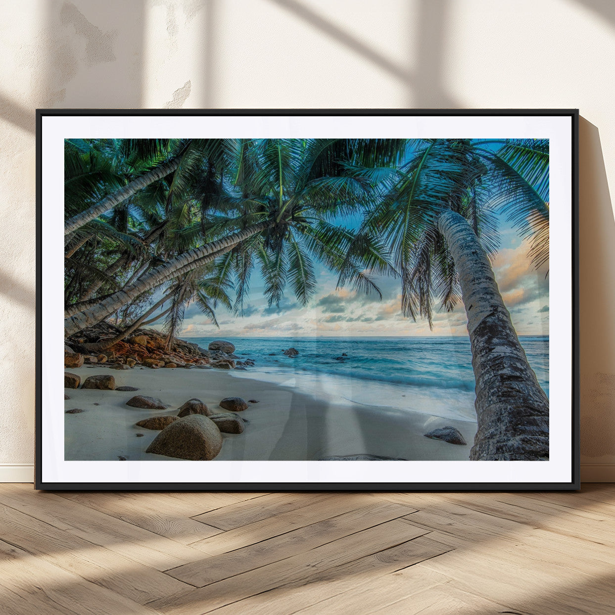 39679-MGV-CV-36X24-Tropical Palm Beach Wall Art – Serene Ocean Canvas Print with Palm Trees and Rocks, Coastal Paradise Decor for Living Room or
