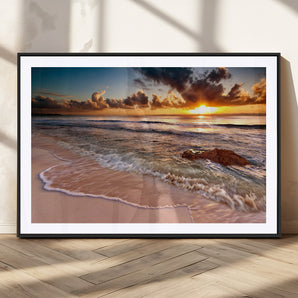 80979-MGV-CV-36X24-Golden Sunrise Beach Wall Art – Ocean Waves and Sandy Shore Canvas Print, Coastal Sunset Photography Artwork for Living Room,