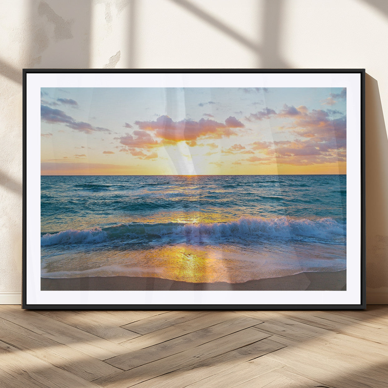 78006-MGV-CV-36X24-Golden Sunrise Ocean Wall Art – Panoramic Beach Waves Canvas Print, Coastal Seascape Artwork for Living Room, Bedroom, Office, or