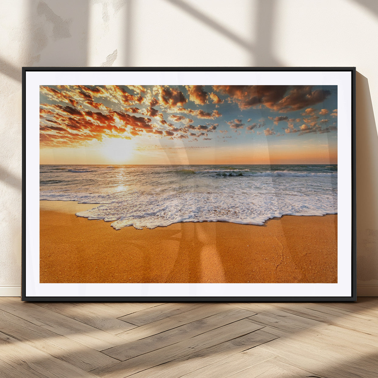 15399-MGV-CV-36X24-Golden Sunrise Beach Wall Art – Ocean Waves on Sandy Shore Canvas Print, Coastal Seascape Decor for Living Room or Bedroom