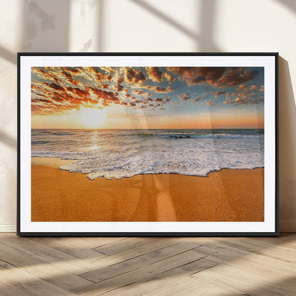 15399-MGV-CV-36X24-Golden Sunrise Beach Wall Art – Ocean Waves on Sandy Shore Canvas Print, Coastal Seascape Decor for Living Room or Bedroom