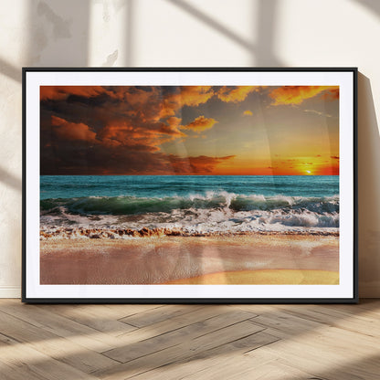 72948-MGV-CV-36X24-Ocean Sunset Wave Wall Art – Dramatic Seascape Canvas Print with Golden Sky and Crashing Waves, Coastal Beach Decor for Living