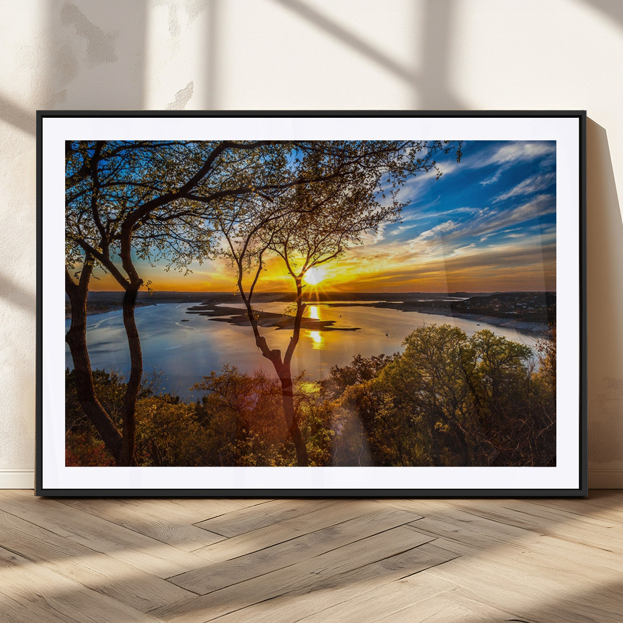 71863-MGC-FP-36x24_Black-Lake Sunset Wall Art – Scenic Nature Canvas Print with Trees and Golden Sky, Serene Landscape Decor for Living Room, Bedroom or