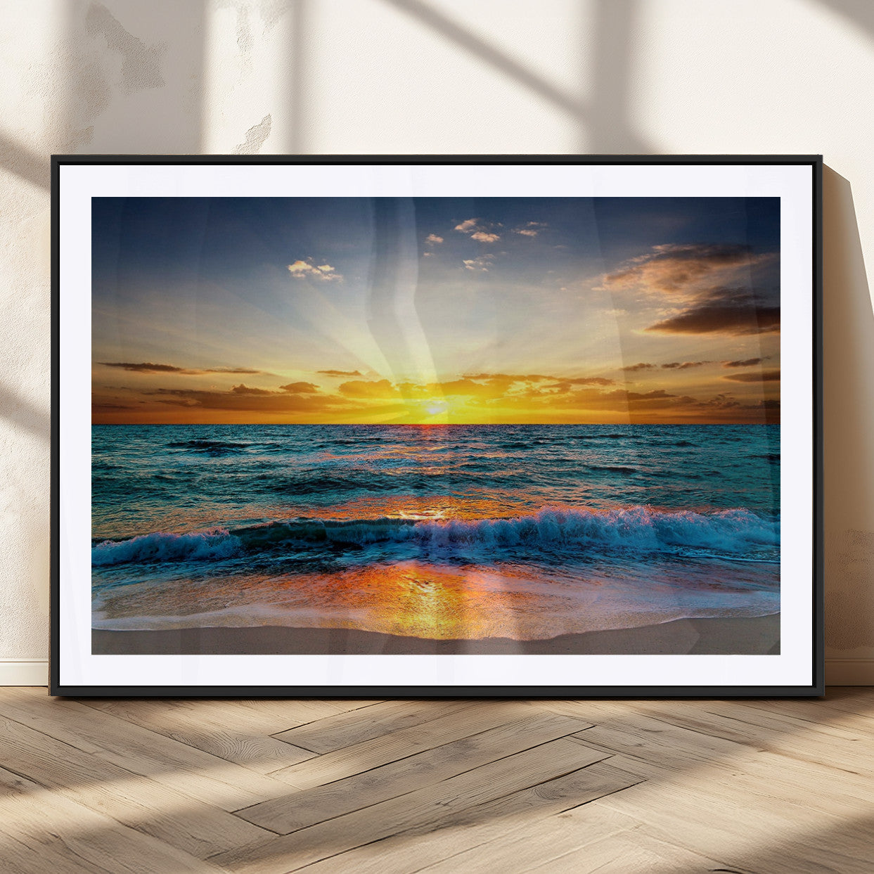 50627-MGV-CV-36X24-Ocean Sunset Wall Art – Serene Beach Canvas Print with Waves and Golden Sky, Coastal Decor for Living Room or Office