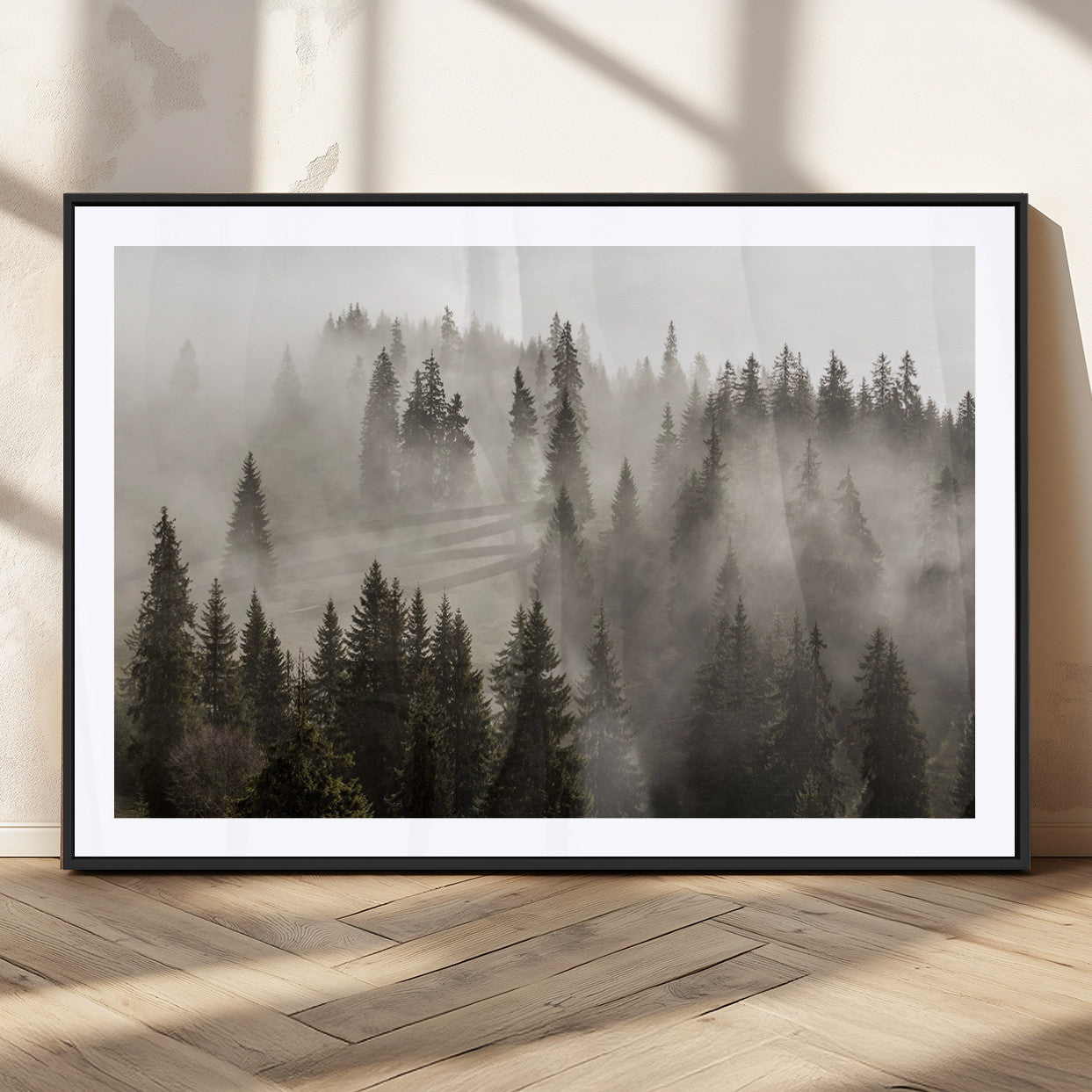 62862-MGV-CV-36X24-Misty Forest Wall Art – Tranquil Pine Tree Canvas Print with Mountain Fog, Nature Landscape Artwork for Living Room, Bedroom, or